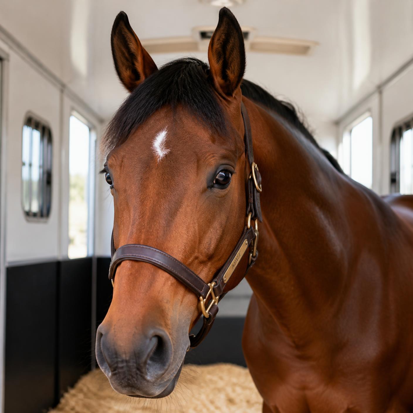 Calm bay horse in trailer